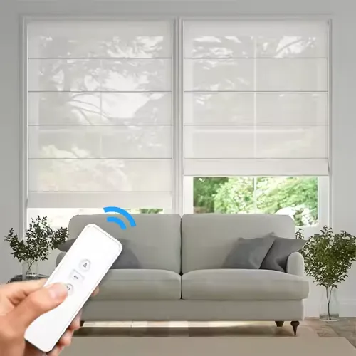 Custom smart motorized blinds on a large modern living room window.