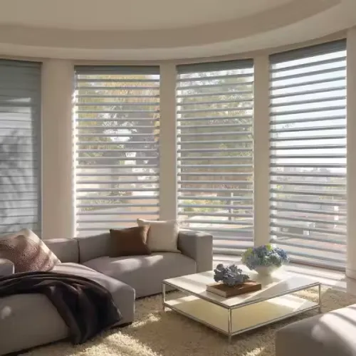 Elegant light-filtering Silhouette window shades installed on a large living room window.