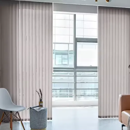 Custom modern vertical window blinds installed on a wide sliding glass patio door.